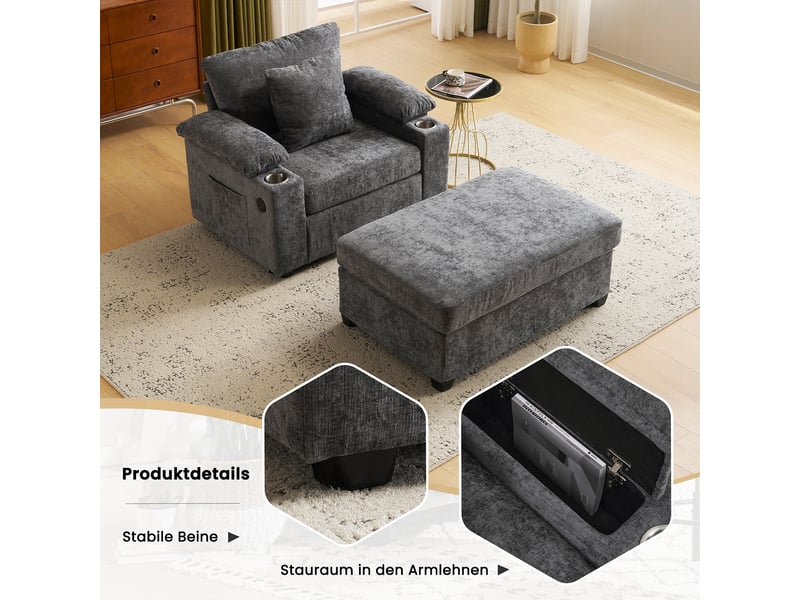 Fauteuil convertible avec repose-pieds pivotant, rangement et usb - porte-gobelets chenille gris foncé - Conforama E