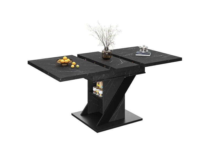  Table de repas extensible 110-140x80x75cm, format gain de place, plateau aspect marbré en panneau mdf, piètement métallique noir  - Conforama A