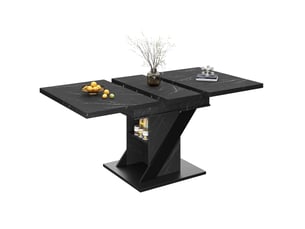 Table de repas extensible 110-140x80x75cm, format gain de place, plateau aspect marbré en panneau mdf, piètement métallique noir