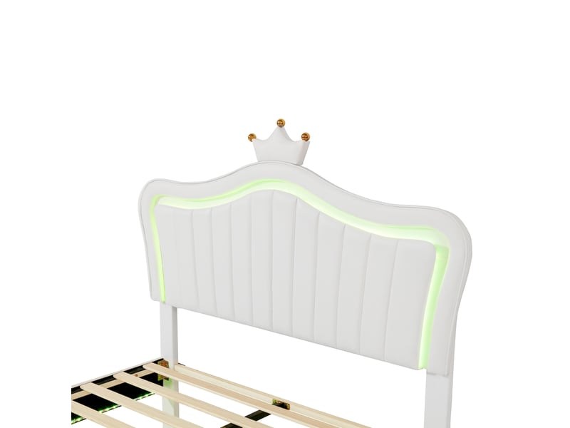  Lit enfant 200×140 cm avec tête de lit coquillage et couronne, éclairage led, sommier à lattes, sans matelas, blanc  - Conforama E