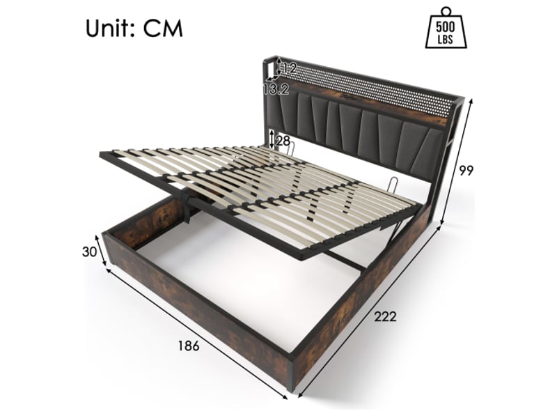 Lit adulte 180x200cm, lit coffre, lit double, avec led, usb, espace de rangement de tête de lit, lin gris, sans matelas - Conforama D