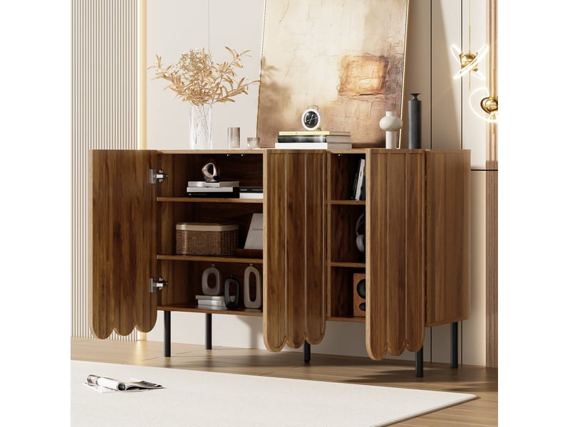  Buffet bas 120 x 35 x 80 cm moderne sans poignée portes ondulées pieds réglables, rayonnages réglables, mdf noyer  - Conforama B