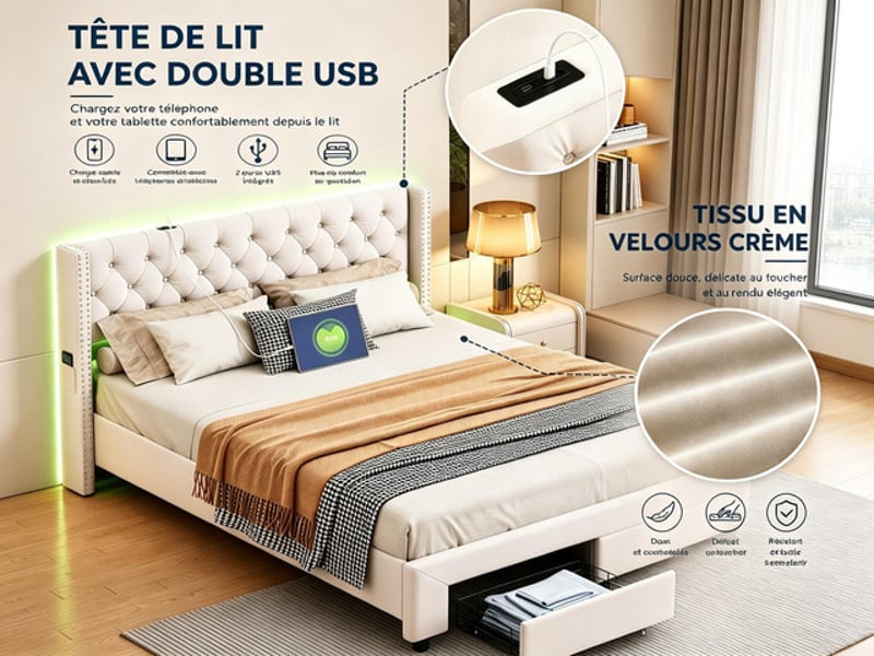  Lit coffre 140x190 cm ezssw, coloris beige  - Conforama E