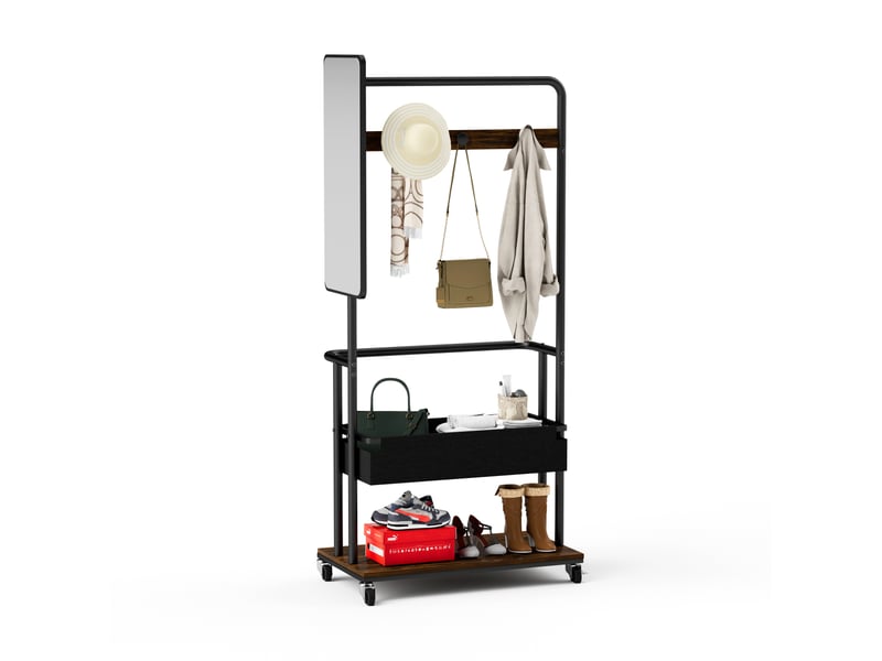 Porte-manteau en métal robuste avec roulettes, design 3 en 1 avec panier et miroir, porte-manteau suspendu, porte-manteau mobile avec roulettes, OZ-SHF162RB - Conforama A
