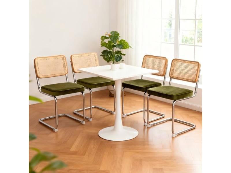  Ensemble de 4 chaises à manger velours et rotin, pieds chromés – design mid-century breuer, assises tapissées  - Conforama E