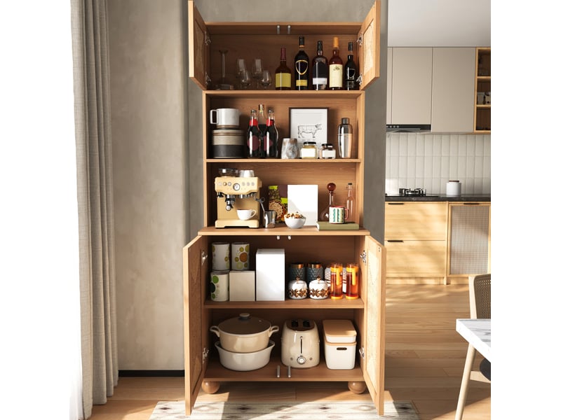  Buffet haut ulevr de rangement 80 x 40 x 180 cm, 4 portes à décor tressé, étagère réglable, mdf et panneaux de particules, naturel  - Conforama E