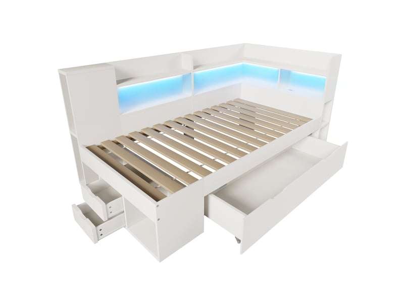  Lit banquette 90 x 200 cm blanc en bois, led, rangements, tiroirs, usb type-c avec sommier à lattes  - Conforama D