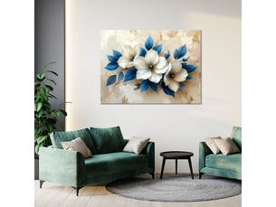 Tableaux, fleurs blanches à feuilles bleues 60x40