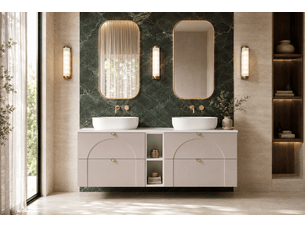 Meuble sous-vasque suspendu aura 140 cm avec plan blanc et étagère blanche cachemire mat k