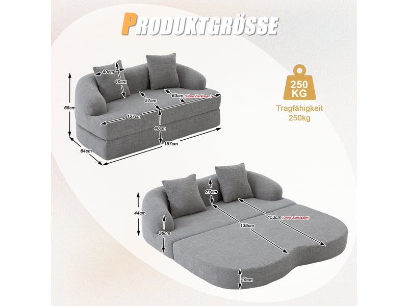  Canapé convertible 2 places – tissu chenille – 2 coussins – 157 cm – gris clair  - Conforama C