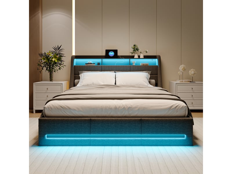  Lit 160x200 avec sommier ,lit coffre 160 x 200 avec led et usb ,lit double avec sommier à lattes, tissu lin,gris  - Conforama W