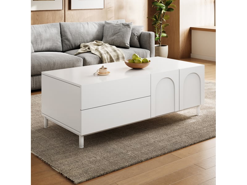  Table basse avec 2 tiroirs et 2 portes à motif arqué, rangement fermé pour salon, blanc, 100 × 50 × 39,5 cm  - Conforama C