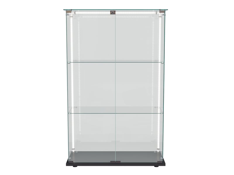  Vitrine en verre 3 niveaux double porte - noir - 78,5 x 35 x 123,5 cm - armoire d'exposition avec ruban led et base noire  - Conforama A