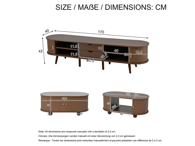 Lot de 2, meuble tv et table basse noyer, décor bois naturel, mdf, 2 tiroirs, portes coulissantes et tablettes réglables - Conforama C