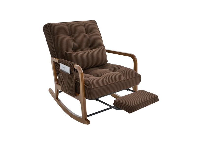 Fauteuil à bascule avec repose-pieds rétractable, dossier réglable et poche latérale, en velours côtelé café - Conforama A