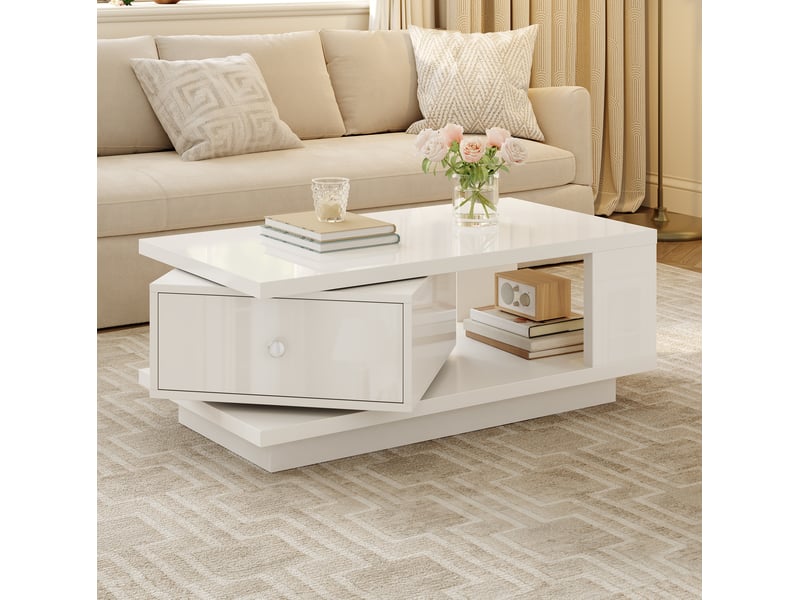  Table basse 90x48x35 cm blanche à tiroir pivotant et niche ouverte  - Conforama B