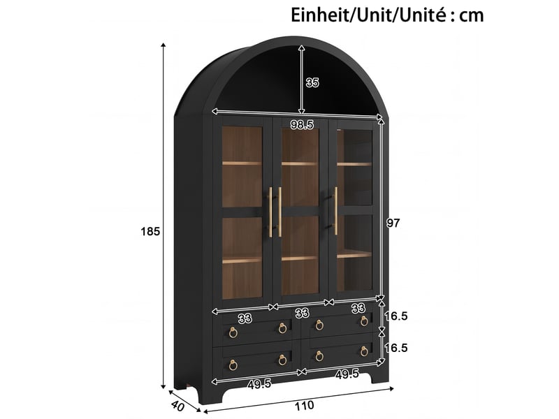 Buffet 110x40x185cm avec 3 portes et 4 tiroirs, niche ouverte arquée, grand rangement, poignées en aluminium, mdf noir ABC - Conforama C