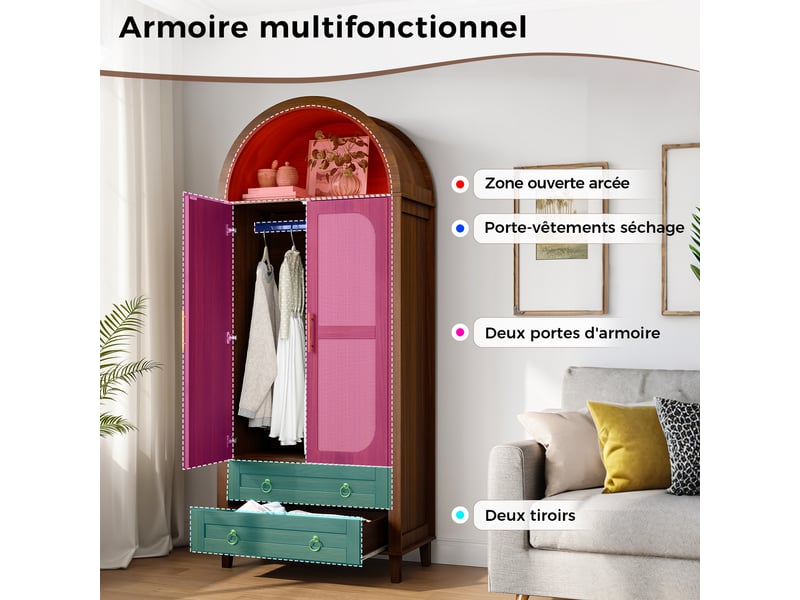 Armoire penderie 76x50x184cm, 2 portes effet rotin, led pilotable via appli, niche cintrée, tringle, 2 tiroirs, pieds en bois massif, effet noyer - Conforama E