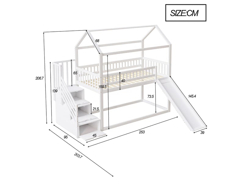  Lit mezzanine, 90x200 cm, lit en hauteur, avec toboggan, escalier de rangement, matelas non inclus, bois, coloris blanc  - Conforama C