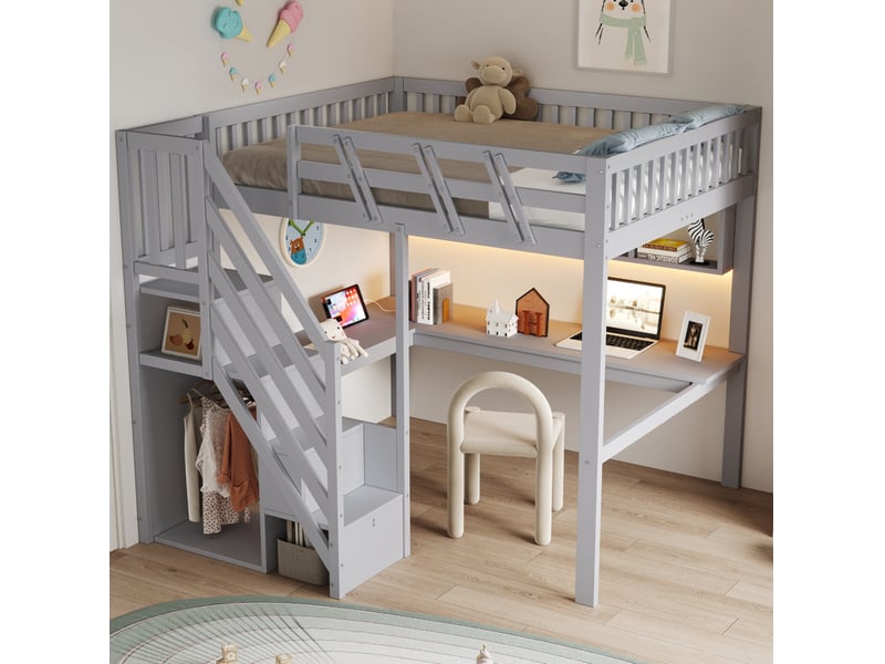  Lit mezzanine enfant 90x200 cm avec bureau, escalier rangement, led et usb gris  - Conforama E