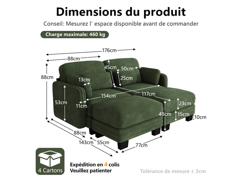  Canapé droit modulable 176 cm 2 places avec 2 poufs, coussins d’accoudoir amovibles, coussins lombaires épais à soutien renforcé, chenille, vert  - Conforama D