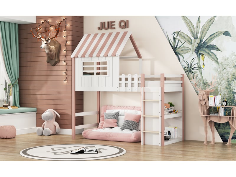  Lit superposé enfant 90x200 cm rose bois massif pin avec échelle de sécurité rangement sommier à lattes Sol Morn - Conforama B