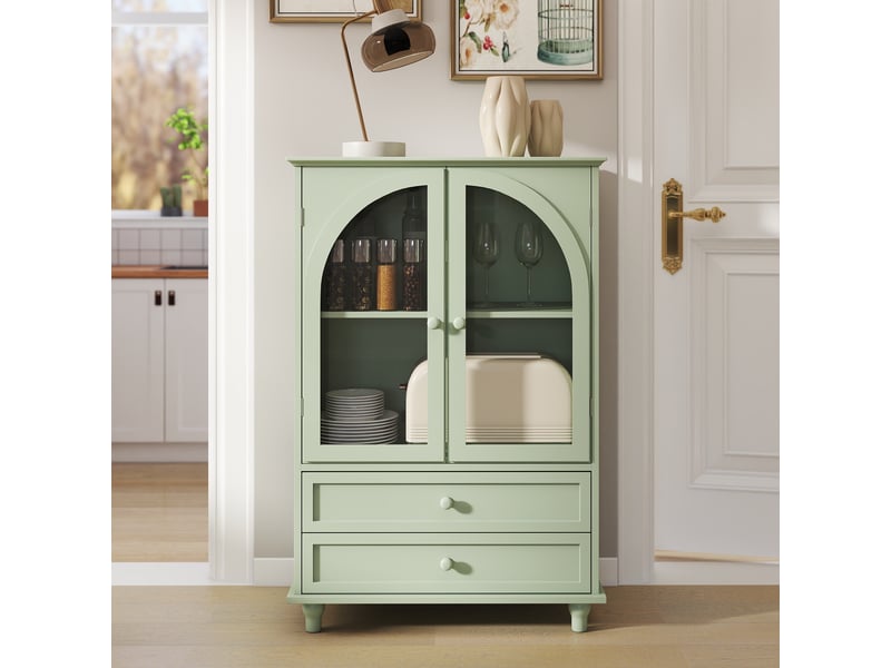  Buffet de cuisine - 71x38x106,5 cm - meuble de rangement style avec portes vitrées cintrées et 2 tiroirs - vert  - Conforama B