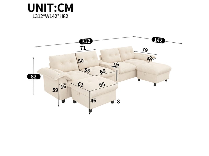  Canapé d'angle modulable,6 places, avec porte-gobelets, usbtype-c et led,312 x 142 x 82cm,beige  - Conforama C