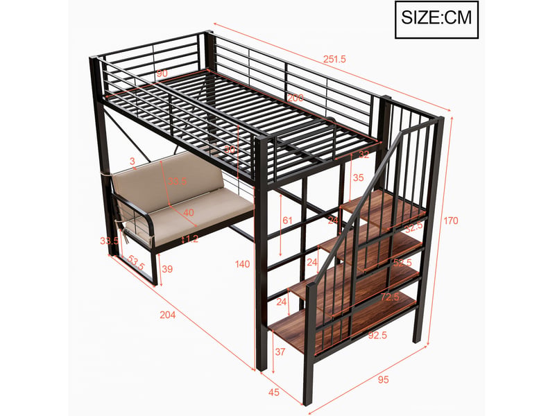  Lit superposé enfant 90x200 cm – noir – escalier de rangement et canapé rembourré amovible, sans matelas  - Conforama C