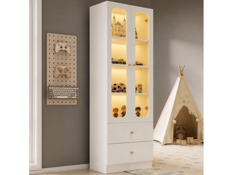  Vitrine avec 4 niveaux, 2 tiroirs et éclairage led rgb piloté par application pour salon, 60 × 35 × 170 cm  - Conforama C