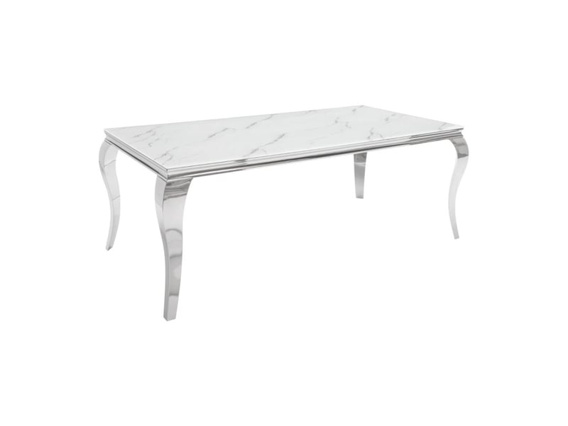  Table de salle à manger velena 180 cm – plateau en verre effet marbre blanc – structure en acier argenté  - Conforama A