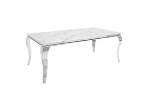 Table de salle à manger velena 180 cm – plateau en verre effet marbre blanc – structure en acier argenté