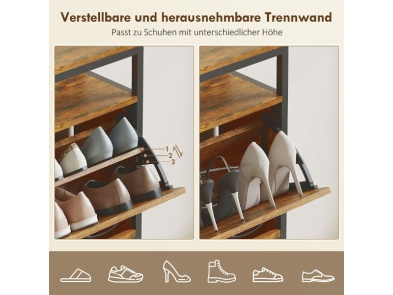  Meuble à chaussures étroit marron en acier 4 tiroirs rabattables avec étagère ouverte pour 12-20 paires  - Conforama E