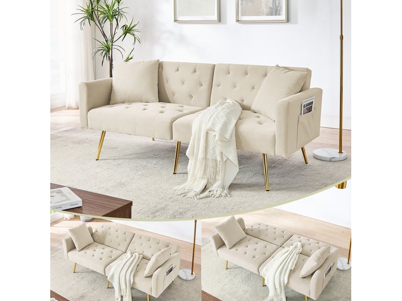  Canapé convertible 2 places 177x78x74 cm beige en velours, dossier réglable 3 positions et 2 coussins  - Conforama B