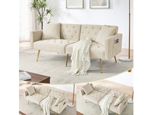 Canapé convertible 2 places 177x78x74 cm beige en velours, dossier réglable 3 positions et 2 coussins