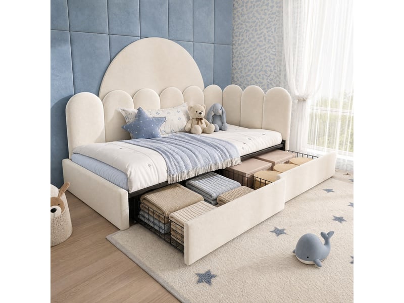  Lit simple 90x190 cm avec 2 tiroirs en velours beige  - Conforama B