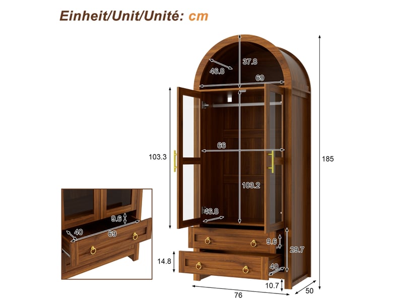  Armoire penderie 76x50x185 cm - 2 portes vitrées - 2 tiroirs - niche - led réglables - design arqué - mdf - noyer CozyNest - Conforama C