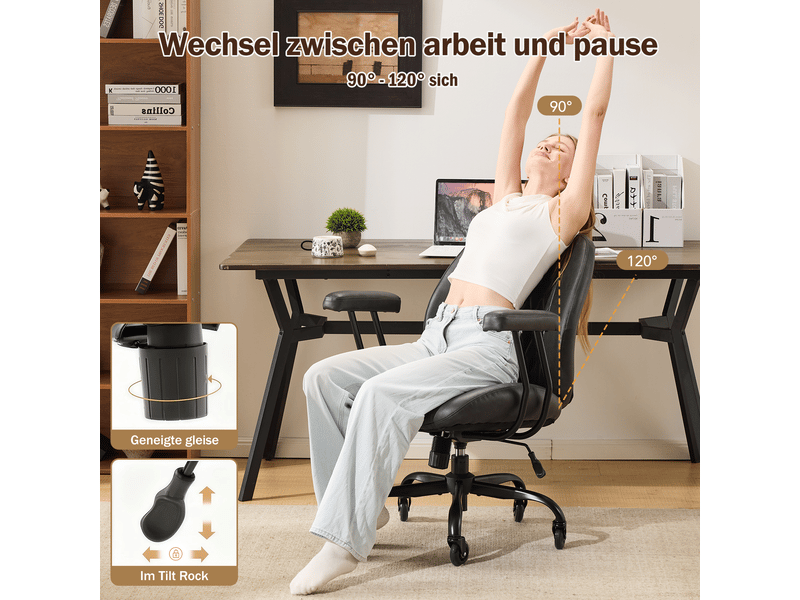  Chaise de bureau ergonomique avec soutien lombaire, hauteur réglable, roulettes silencieuses en cuir noir  - Conforama C