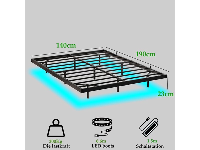  Lit plateforme flottant 140x190 cm avec éclairage led, ports usb et structure métallique noire, sommier inclus  - Conforama E