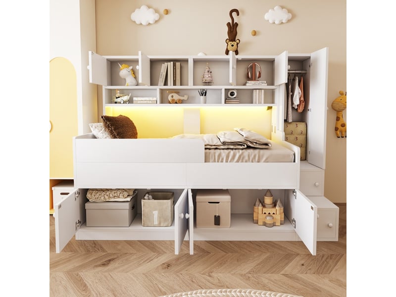  Lit combiné enfant bois 90×200 cm rangement étagères armoire échelle led barrières sécurité blanc  - Conforama E
