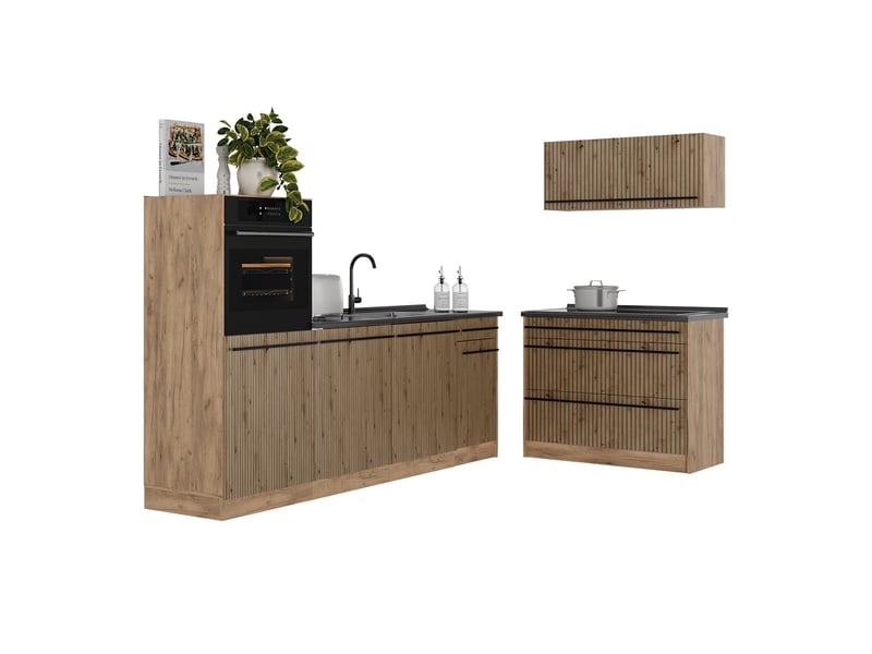 Vicco cuisine, chêne artisanchêne doré, 220cm plan de travail marbre - Conforama E
