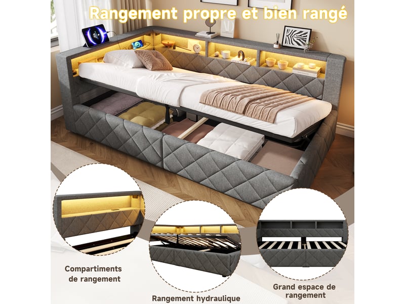  Canapé-lit coffre 90 x 200 cm - avec lumière led - avec port usb - tissu velours - gris (matelas non inclus)  - Conforama R