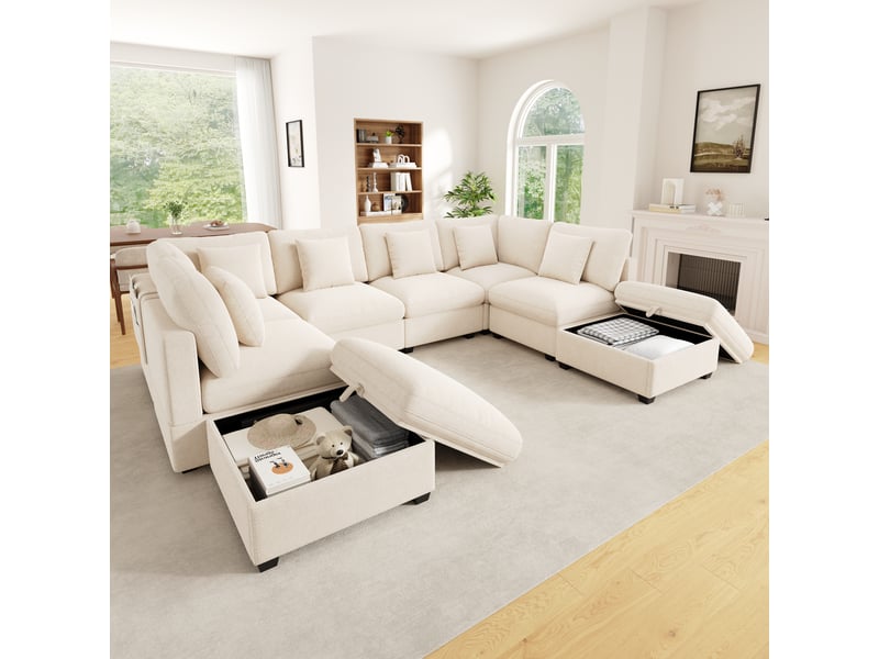 Canapé d’angle modulable avec rangement xl 8 places 292 x 220 x 81 cm grand canapé en l avec méridienne et pouf chenille beige - Conforama B