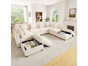 Canapé d'angle panoramique fixe <strong></strong> <strong></strong> 8 places Tissu beige avec coffre de rangement