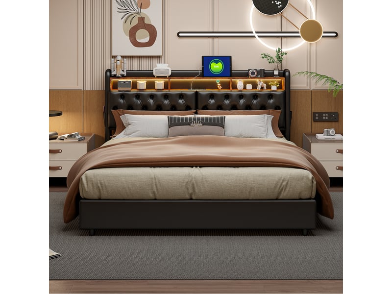  Lit double coffre - 180 x 200 cm - noir - similicuir pu, tête de lit de rangement, éclairage led, prises et vérins hydrauliques  - Conforama E