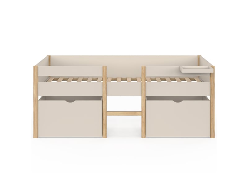  Lit simple surélevé mi-hauteur 90 x 190 cm servane avec sommier, barrières, 2 tiroirs de rangement et tablette beige et bois  - Conforama C