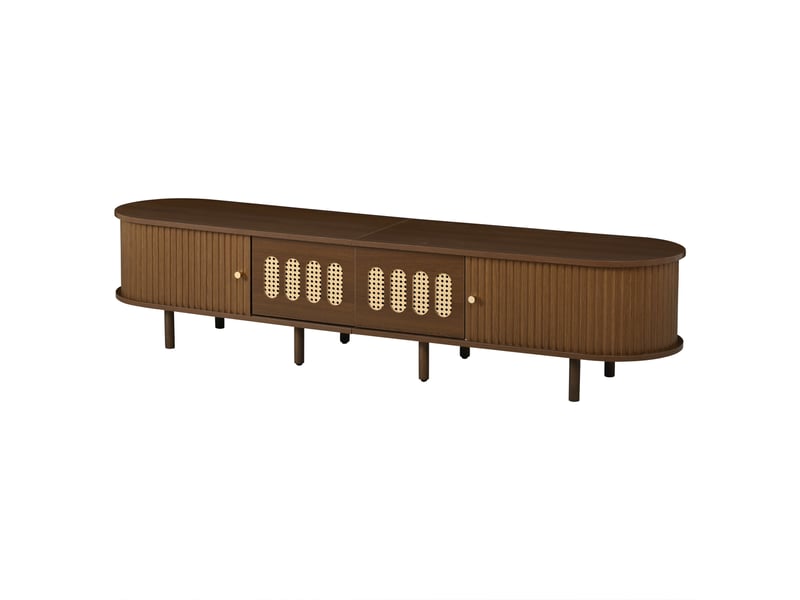  Meuble tv 180 cm couleur noyer, 2 tiroirs effet cannage, 2 portes à rideau, mdf, jusqu’à 80 pouces  - Conforama A