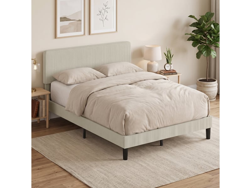  Lit double design velours côtelé - tête de lit, pied de lit et sommier - compatible matelas 190x140cm - gris clair  - Conforama B