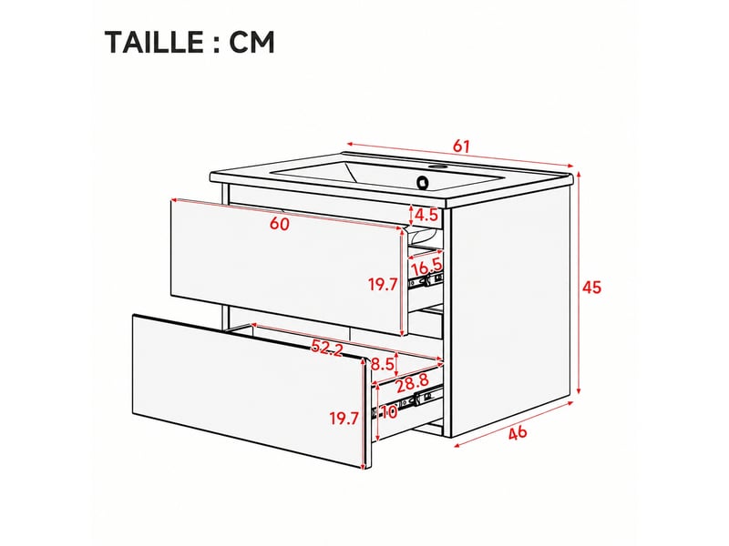  Meuble vasque suspendu blanc 61 cm avec lavabo en céramique, led à détection et 2 tiroirs  - Conforama C