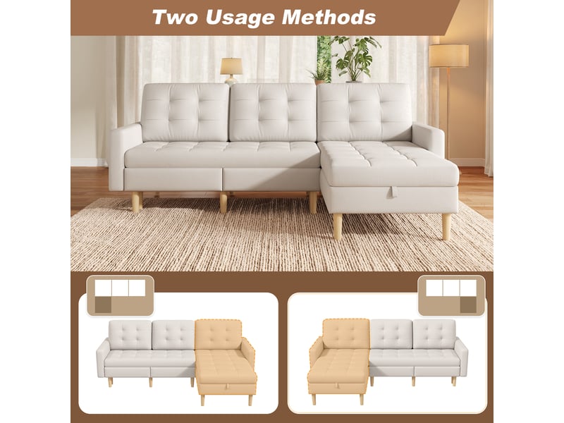  Canapé d'angle avec coffre de rangement, canapé en l 3 places en tissu beige, méridienne réversible pour petit salon, 212x130x86cm  - Conforama D